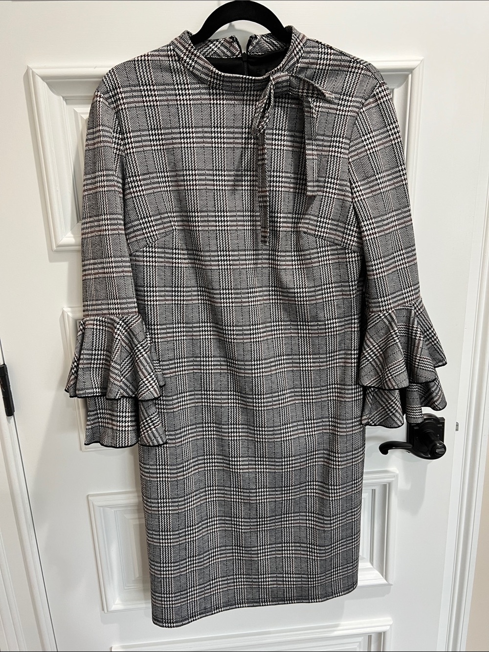 Alexia Admor Gray Plaid Tie-Neck Ruffle Sleeve Midi Dress